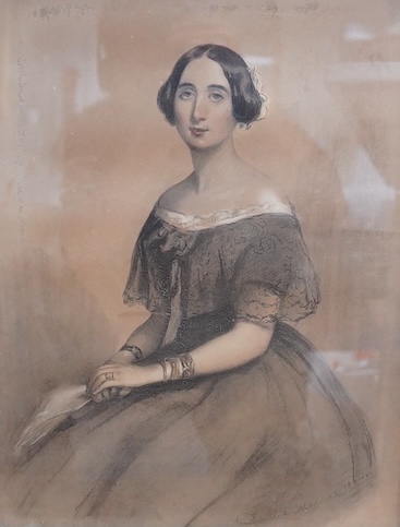 Daniel Maclise RA (1806-1870), Three quarter length portrait of a young woman seated (possibly Queen Victoria), signed and dated 1850, black chalk heightened with white, 44 x 34cm